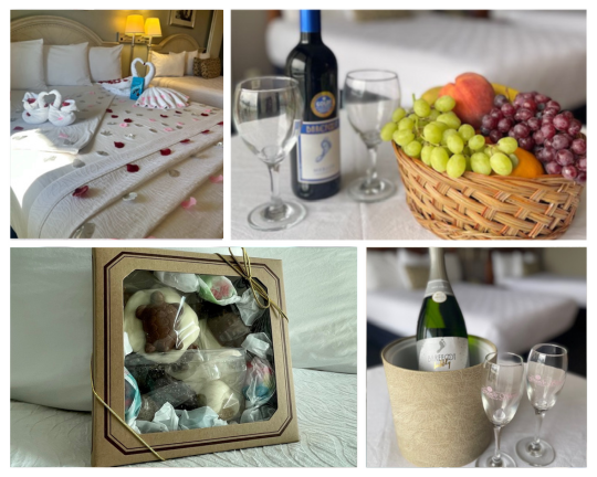 collage of 4 images showing a rosepetal turndown service, bottle of wine and wineglasses, anniversary balloons and a box of chocolates